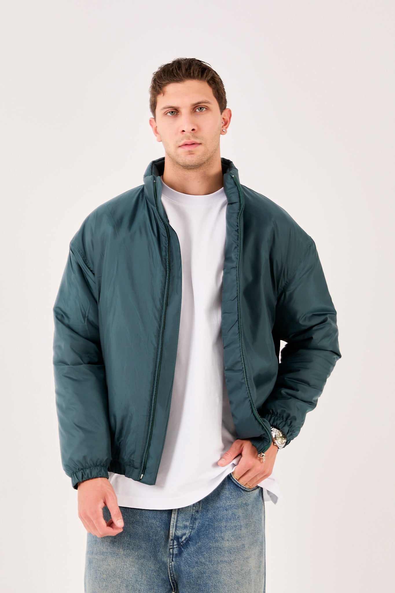 Men’s Lightweight Puffer Jacket – Zip Front, Stand Collar – X-2008