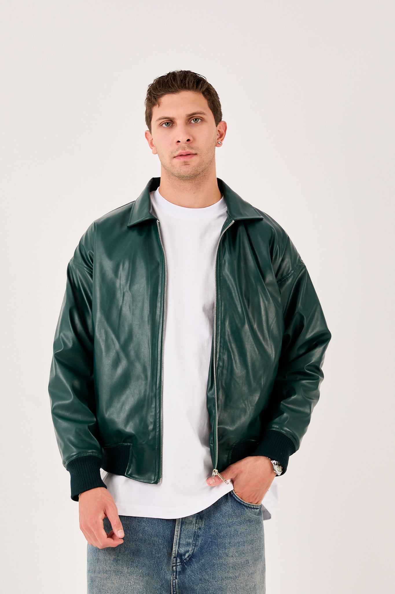 Men’s Bomber Jacket – Vegan Leather Detail, Zip Front, Ribbed Hem X-2015
