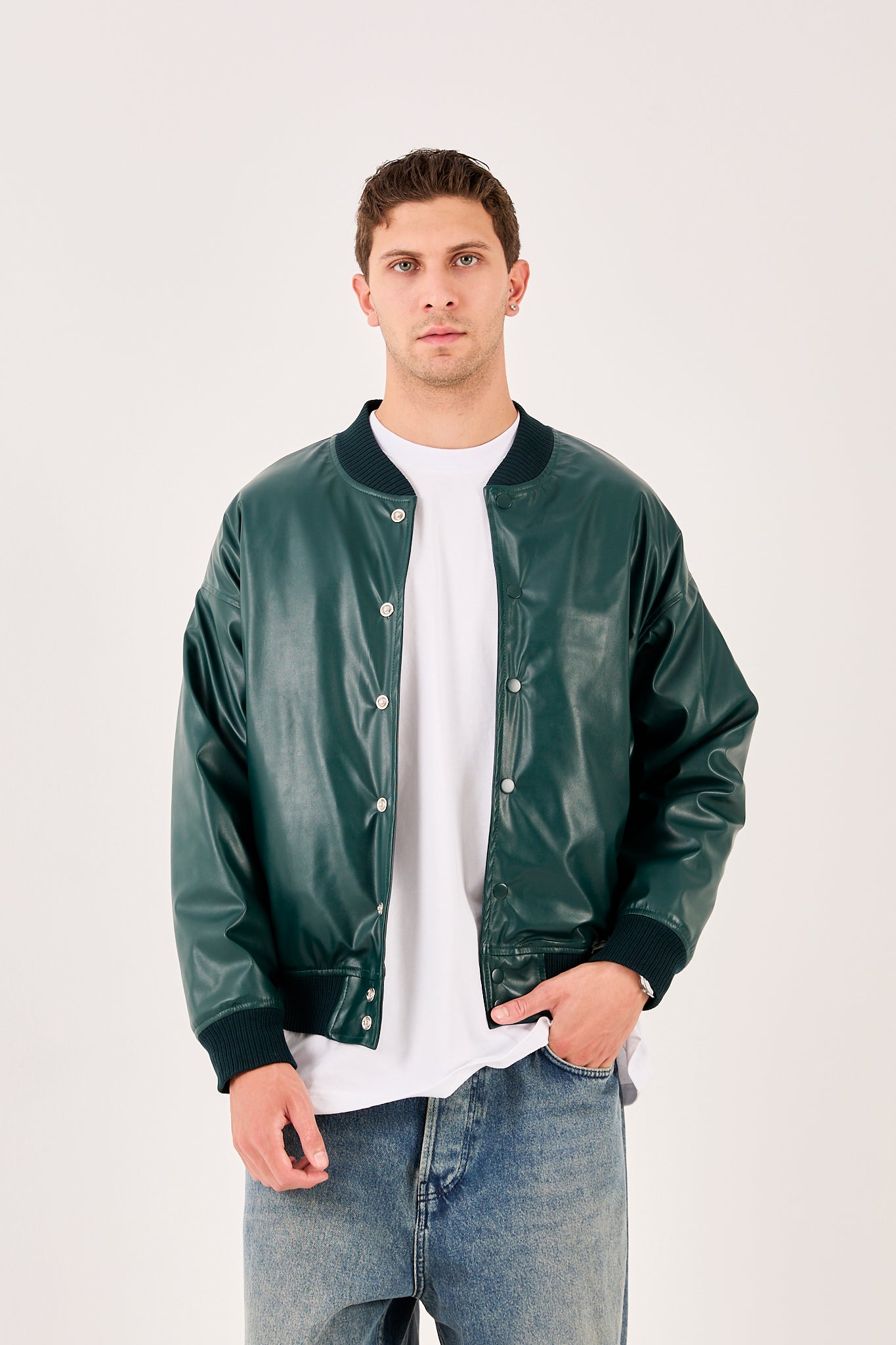 Men’s Faux Leather Bomber Jacket – Snap Button Closure-X-2018