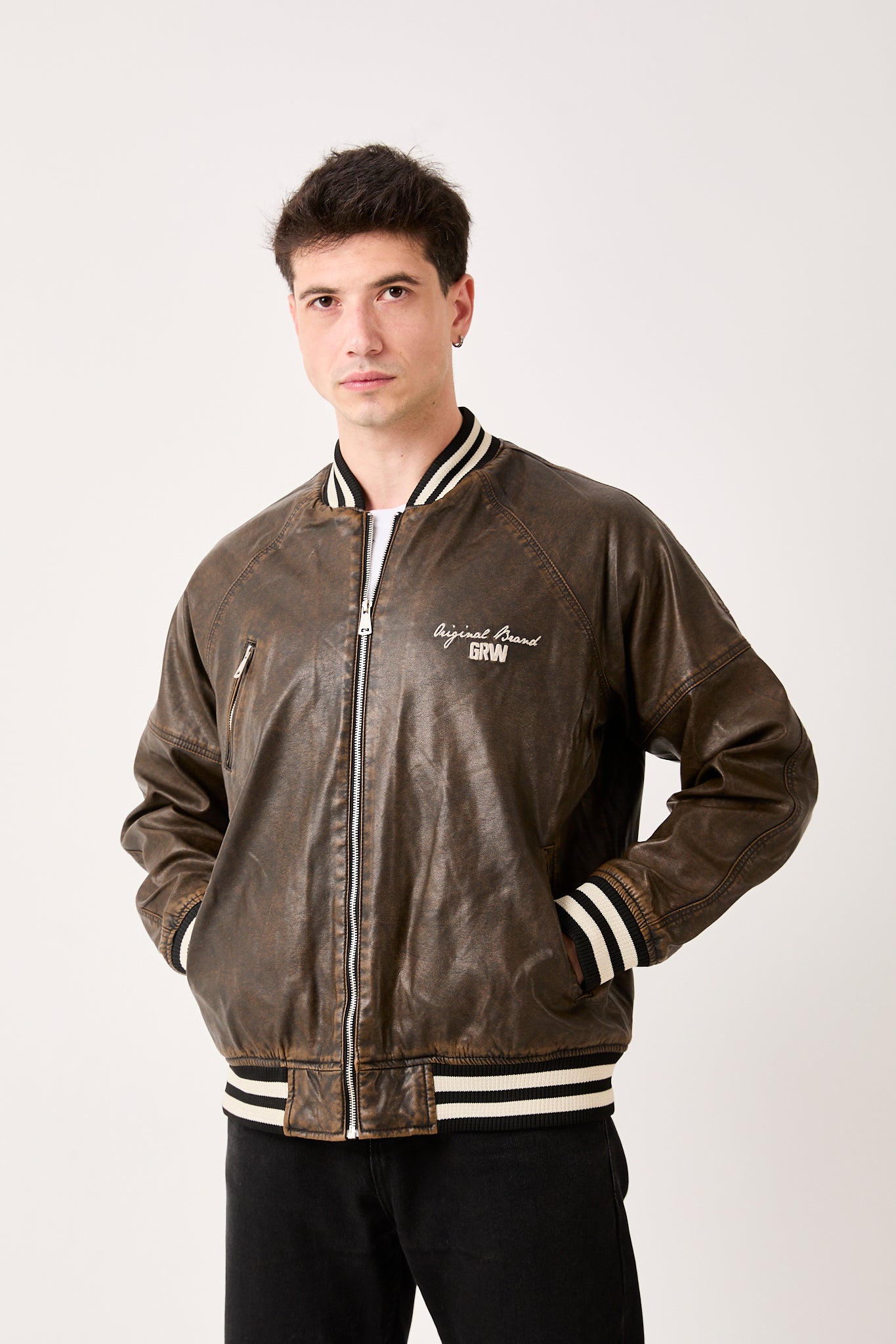 Men’s Varsity Leather Faux Jacket – University Style, Zip-Up | 5858 GRW