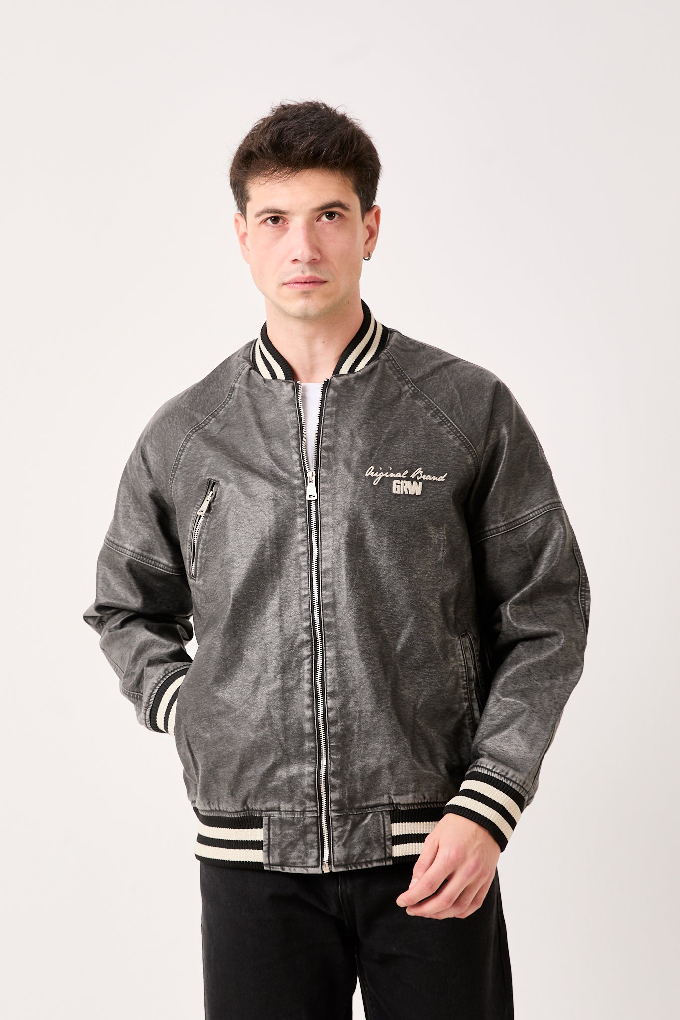 Men’s Varsity Leather Faux Jacket – University Style, Zip-Up | 5858 GRW
