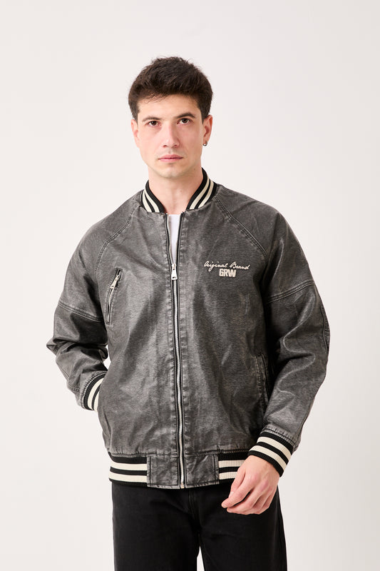 Men’s Varsity Leather Faux Jacket – University Style, Zip-Up | 5858 GRW