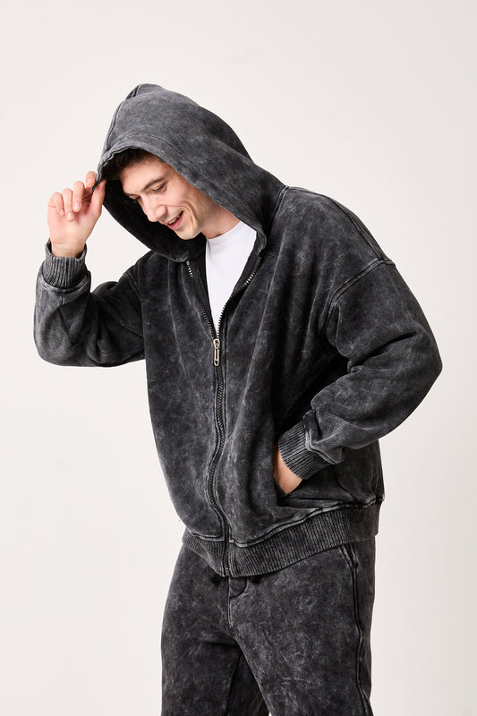 Men's Fleece Washed Black Zip-Up Hoodie