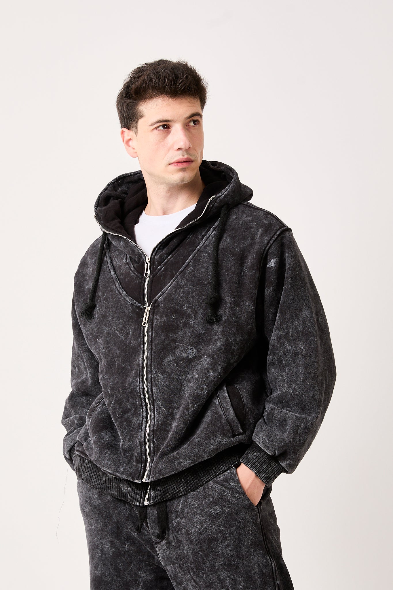 Men's Double-Zip Lined Washed Brushed Fleece Jacket-X-4003