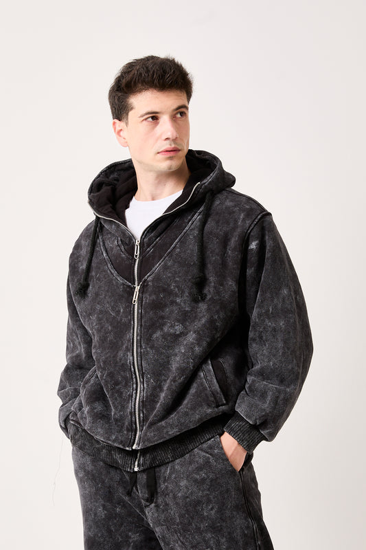 Men's Double-Zip Lined Washed Brushed Fleece Jacket-X-4003