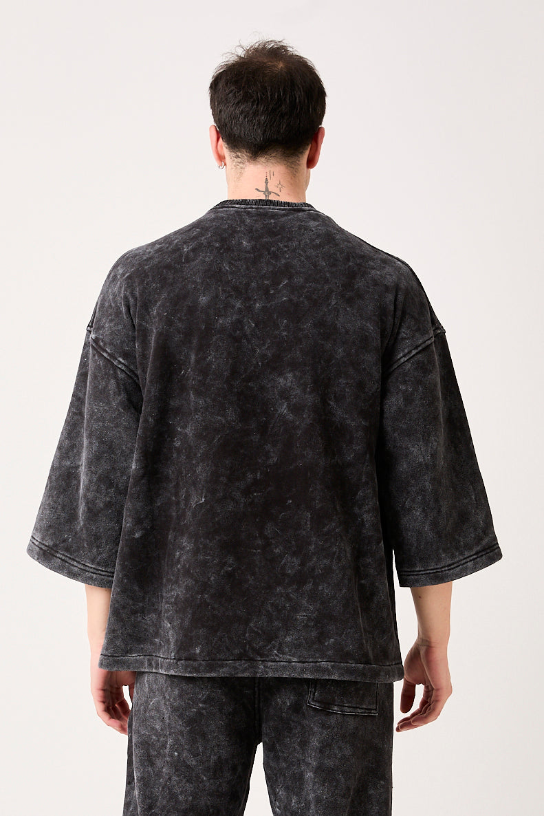 Washed Black ¾ Sleeve Oversized Sweatshirt-X-4001
