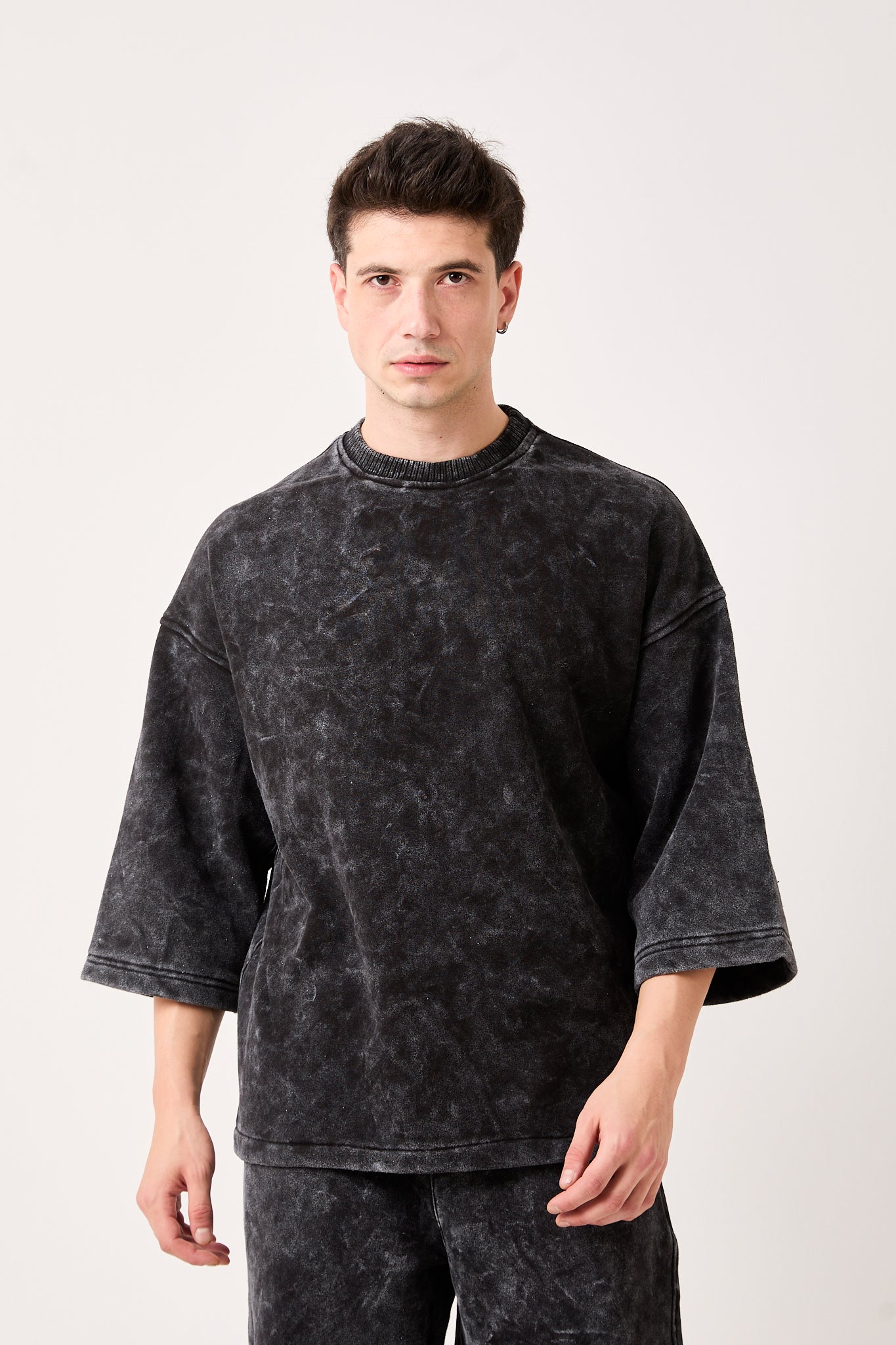 Washed Black ¾ Sleeve Oversized Sweatshirt-X-4001