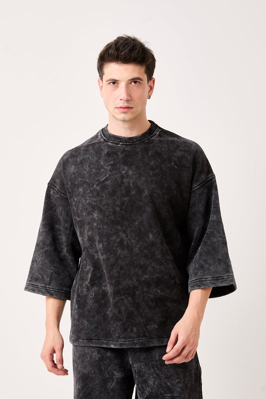 Men's Fleece Washed Black ¾ Sleeve Oversized Sweatshirt