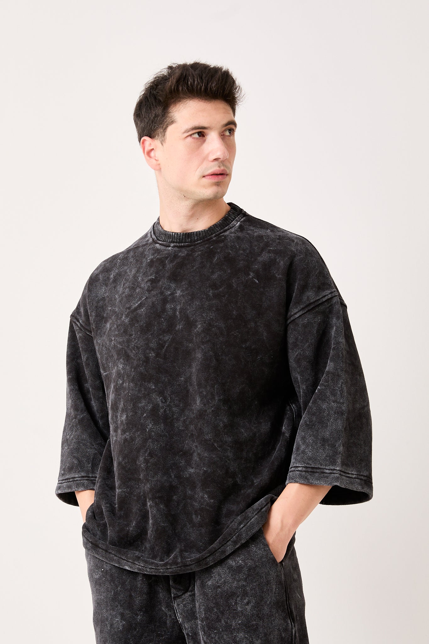 Washed Black ¾ Sleeve Oversized Sweatshirt-X-4001