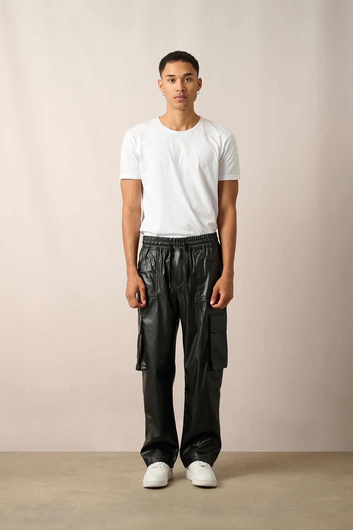 Elastic Waist Vegan Leather Cargo Pants with Double Pockets R-4352
