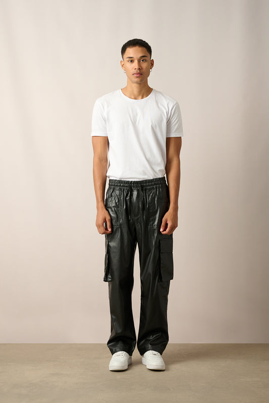 Elastic Waist Vegan Leather Cargo Pants with Double Pockets R-4352