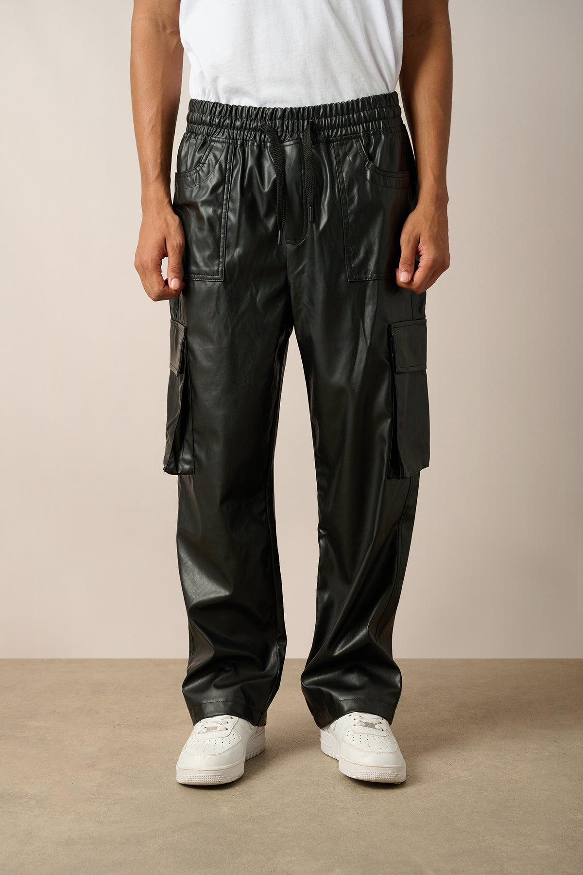 Elastic Waist Vegan Leather Cargo Pants with Double Pockets R-4352
