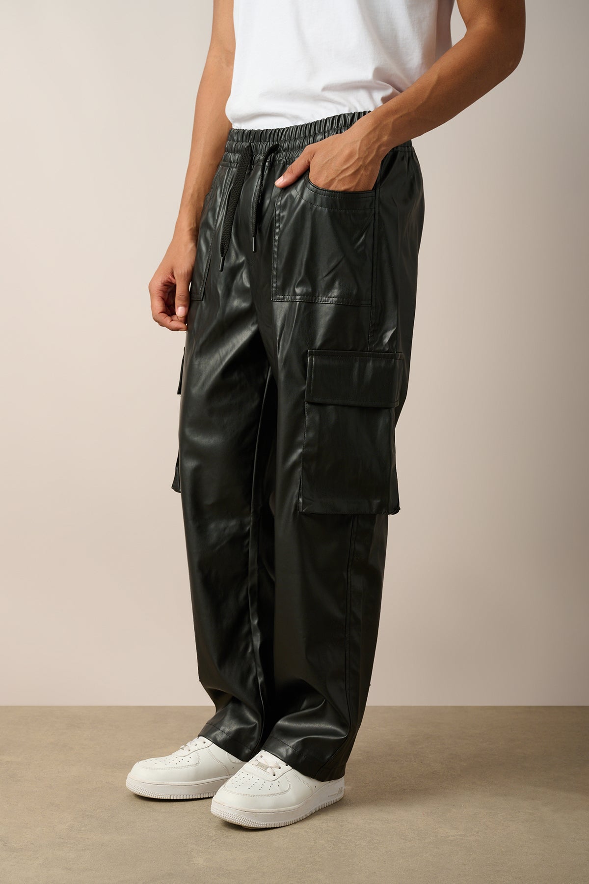 Elastic Waist Vegan Leather Cargo Pants with Double Pockets R-4352