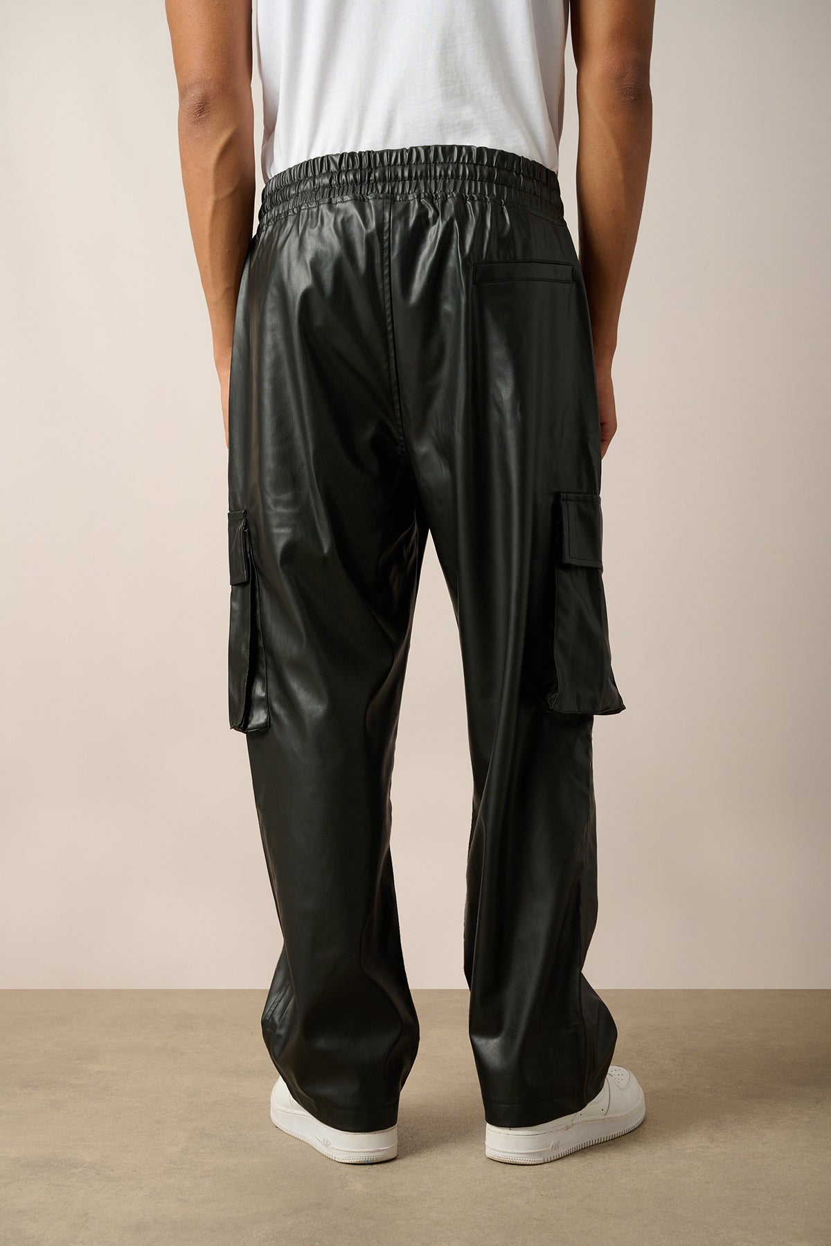 Elastic Waist Vegan Leather Cargo Pants with Double Pockets R-4352