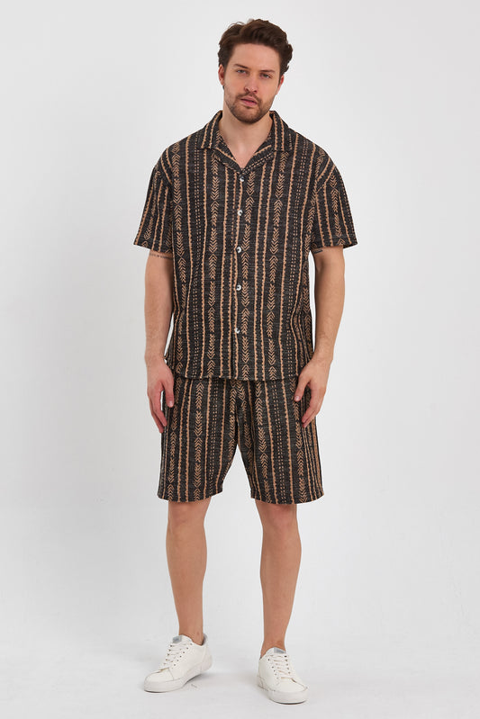 Patterned Camp Collar Shirt & Elastic Waist Shorts Set R-4324