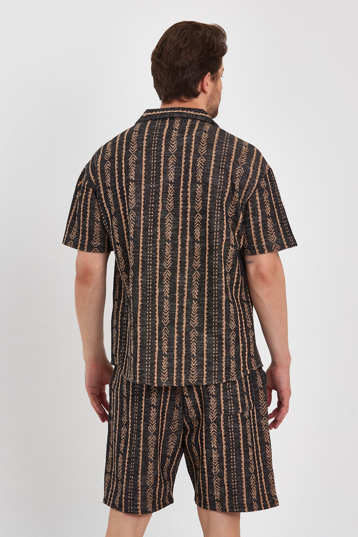 Patterned Camp Collar Shirt & Elastic Waist Shorts Set R-4324
