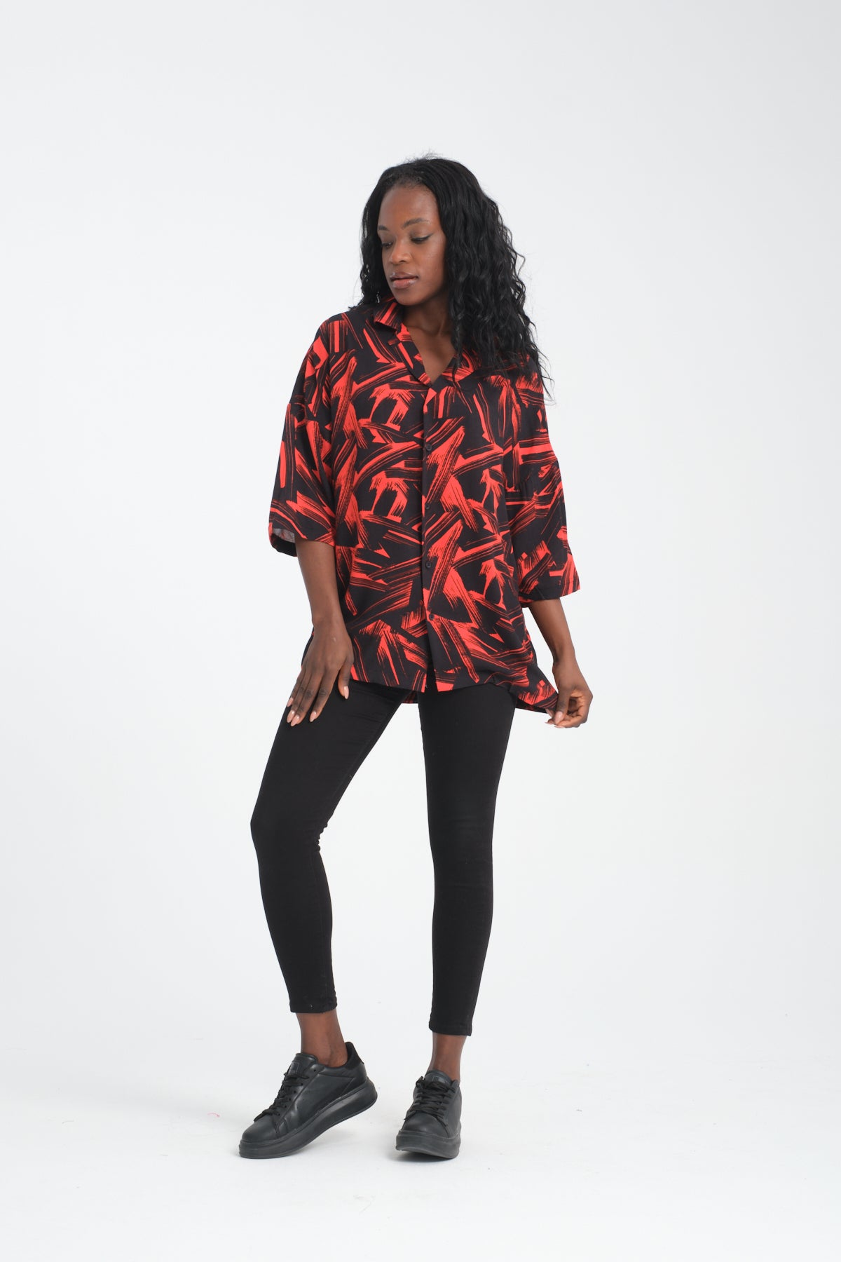 Abstract Print Camp Collar Oversized Short Sleeve Shirt R-3981