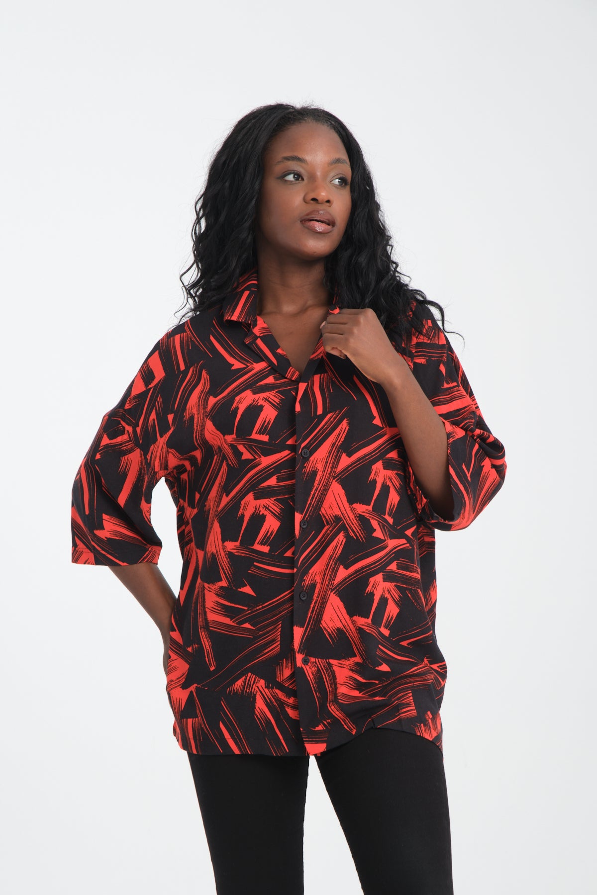 Abstract Print Camp Collar Oversized Short Sleeve Shirt R-3981