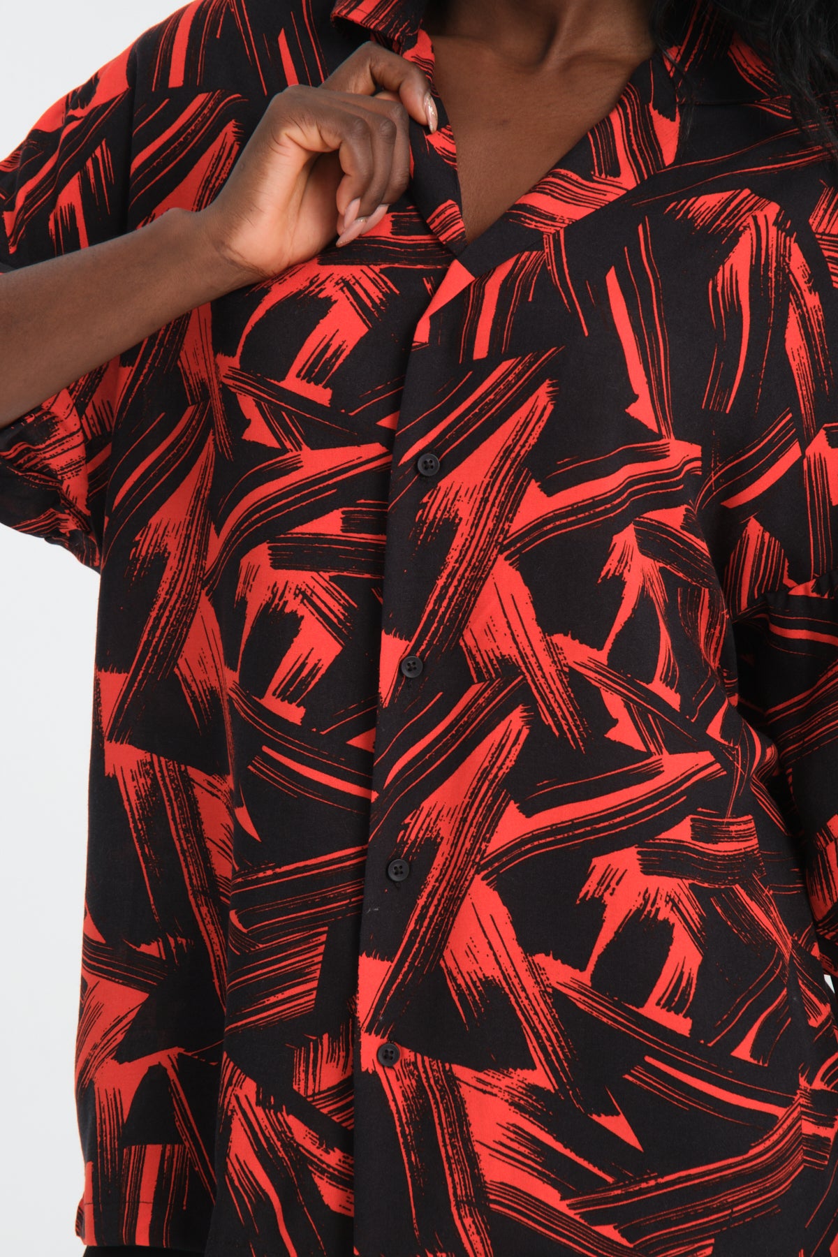 Abstract Print Camp Collar Oversized Short Sleeve Shirt R-3981