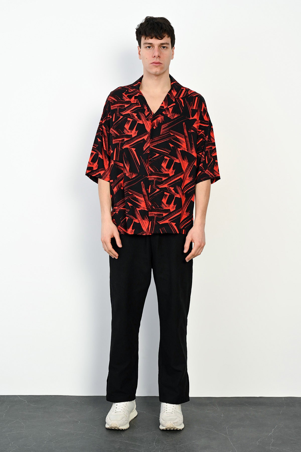 Abstract Print Camp Collar Oversized Short Sleeve Shirt R-3981