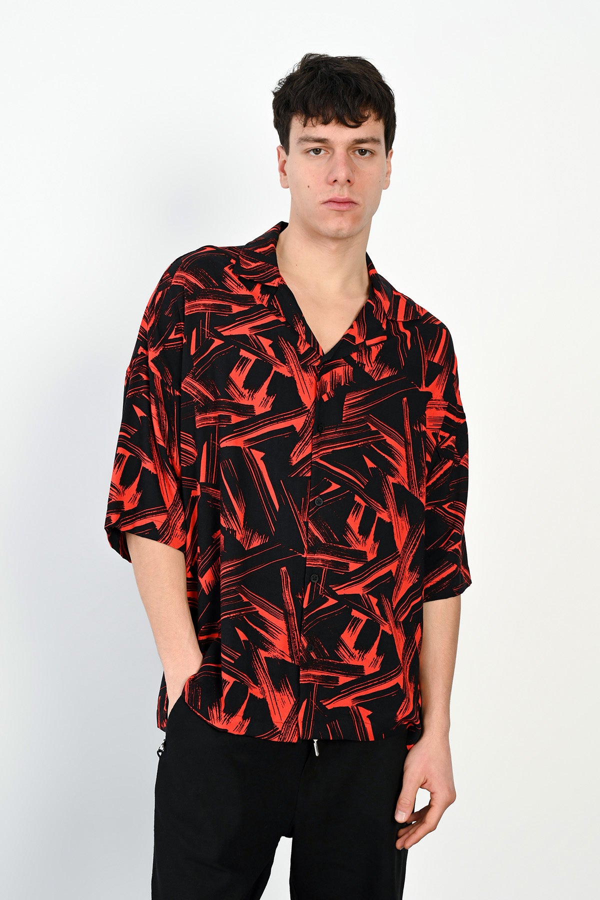 Abstract Print Camp Collar Oversized Short Sleeve Shirt R-3981