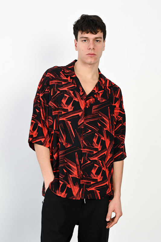 Abstract Print Camp Collar Oversized Short Sleeve Shirt R-3981