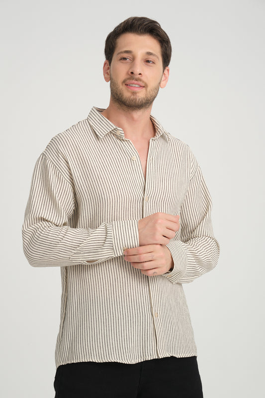 Long Sleeve Striped Band Collar Shirt R-6034
