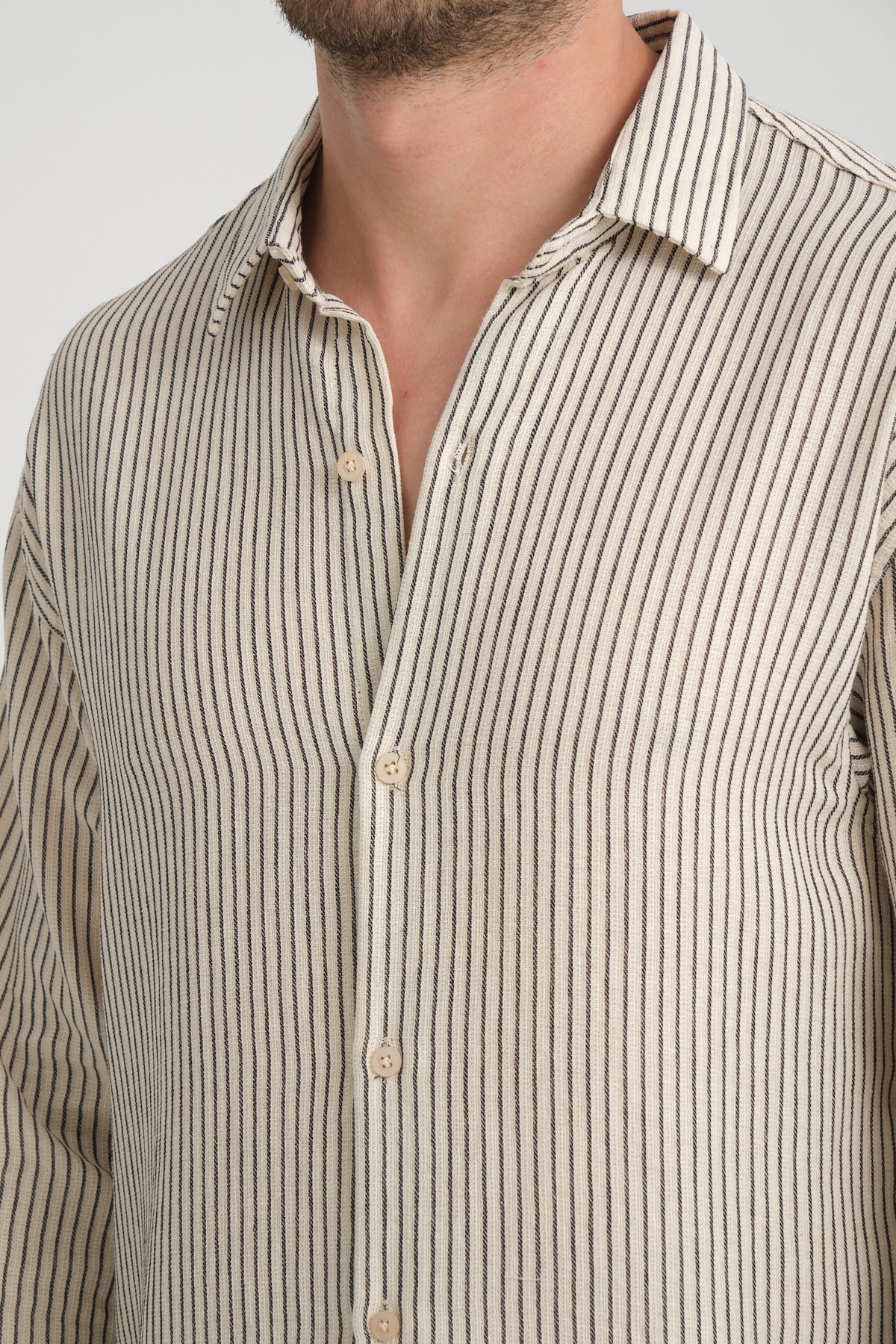 Long Sleeve Striped Band Collar Shirt R-6034