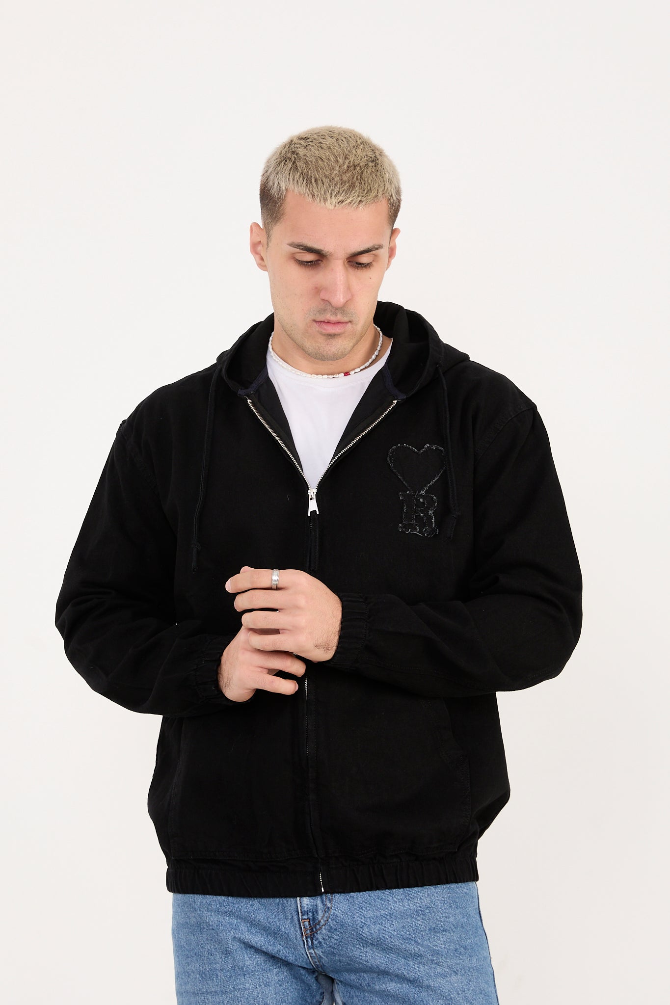 Men’s Half-Zip Denim Hoodie Jacket – Casual Relaxed Fit X-2029