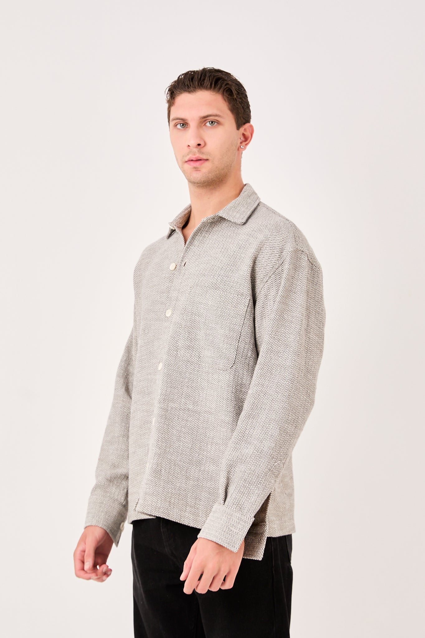 Men’s Long Sleeve Band Collar Shirt with Pocket X-0001