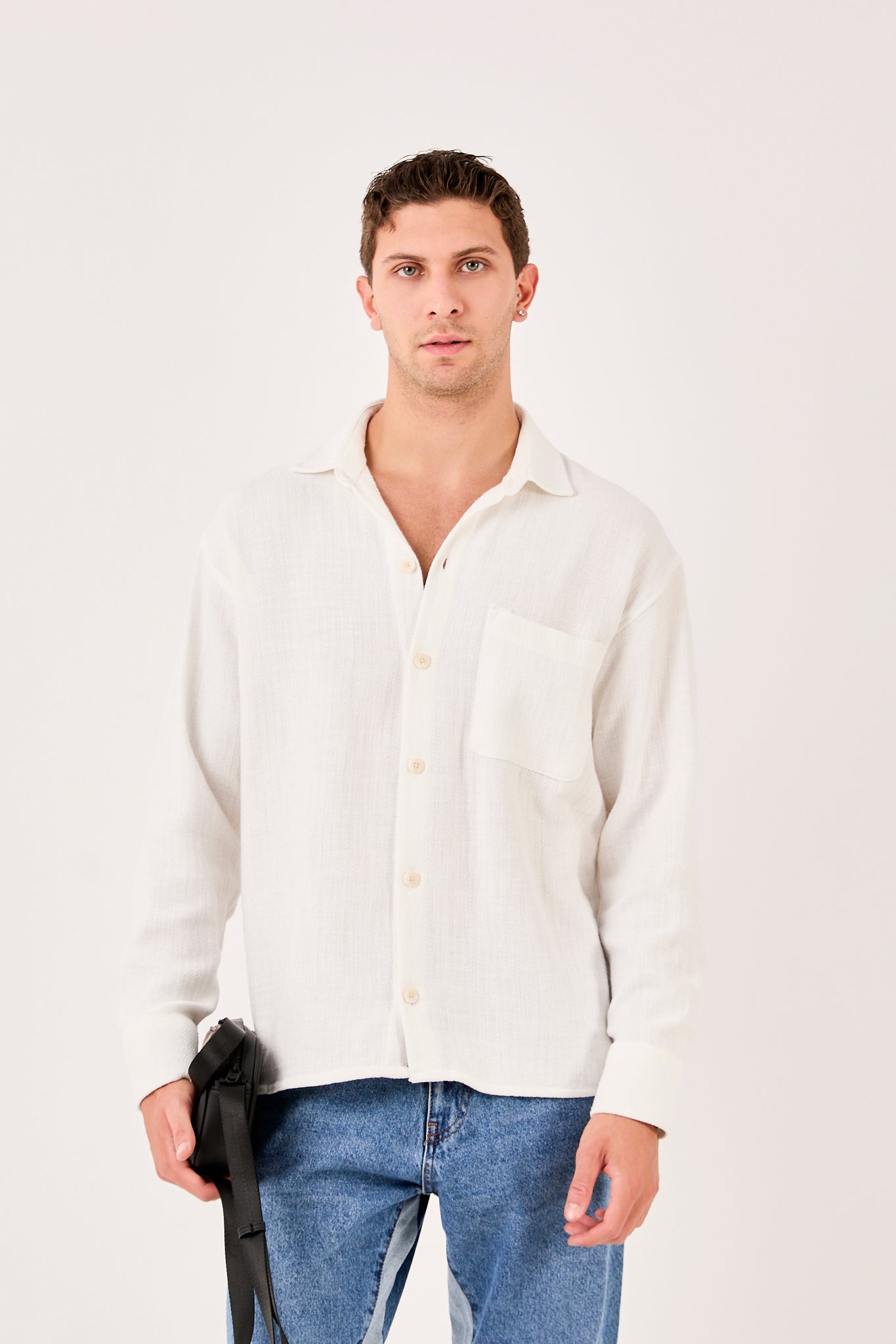 Men’s Long Sleeve Band Collar Shirt with Pocket X-0001
