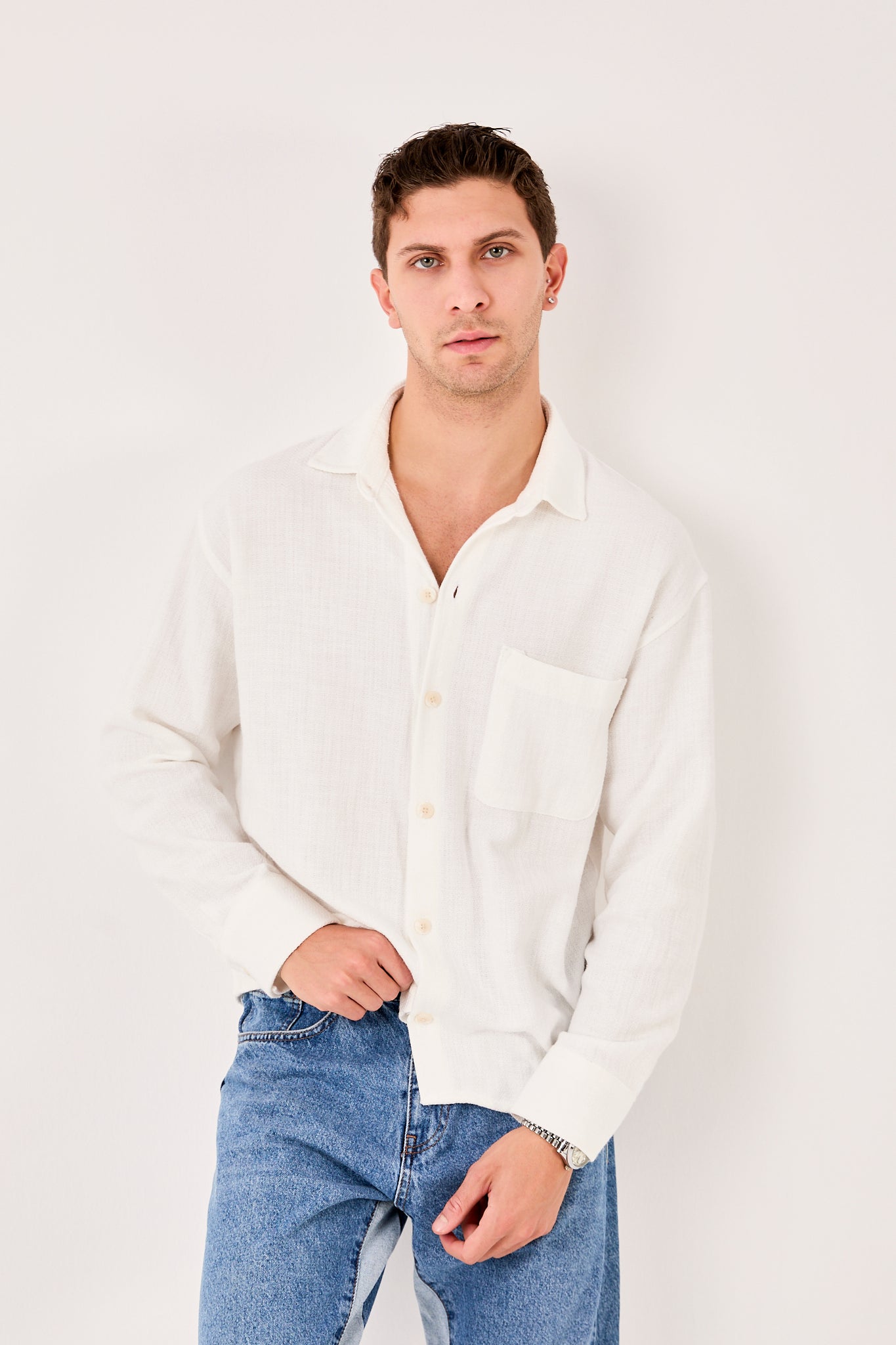 Men’s Long Sleeve Band Collar Shirt with Pocket X-0001