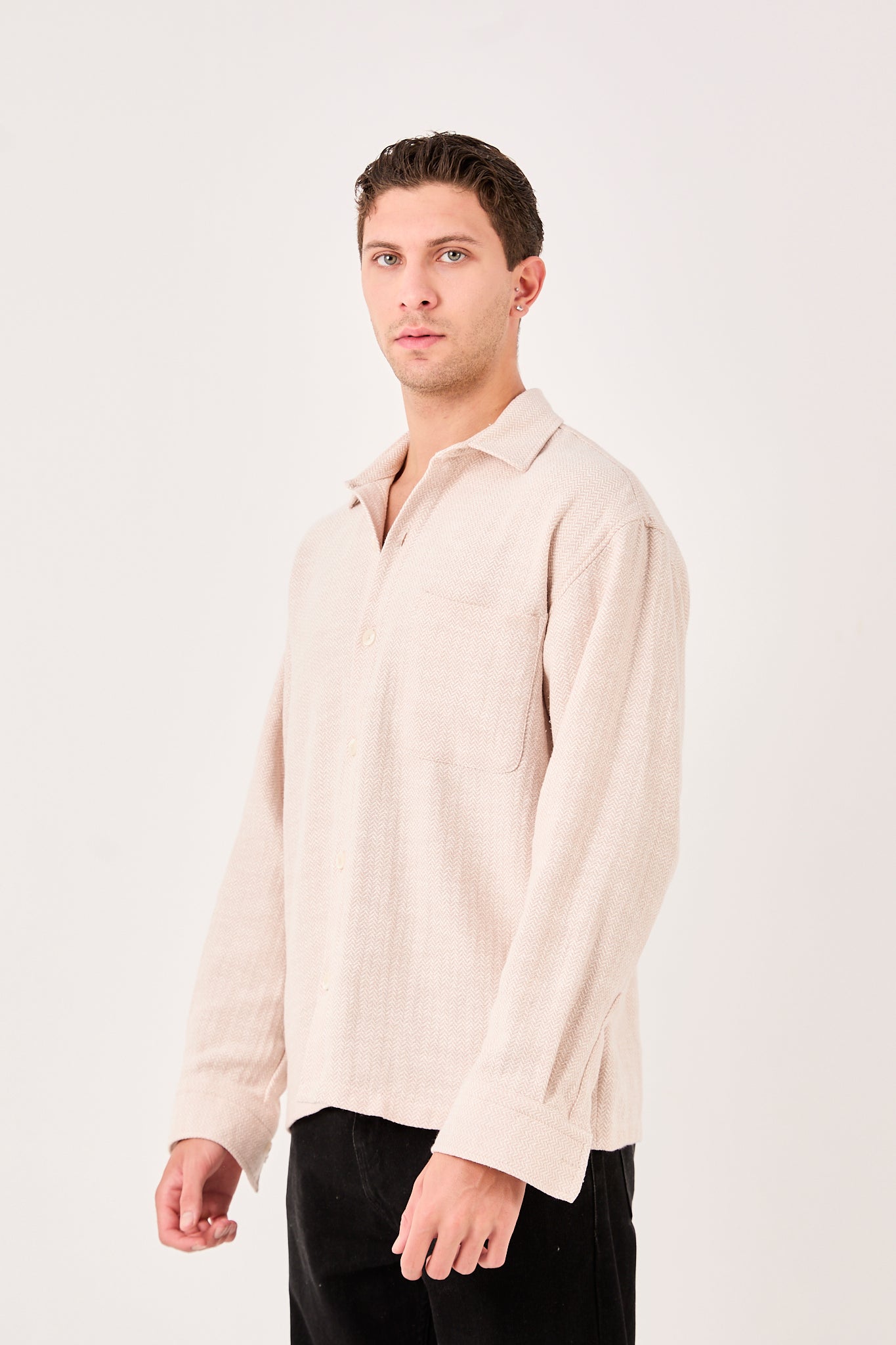Men’s Long Sleeve Band Collar Shirt with Pocket X-0001