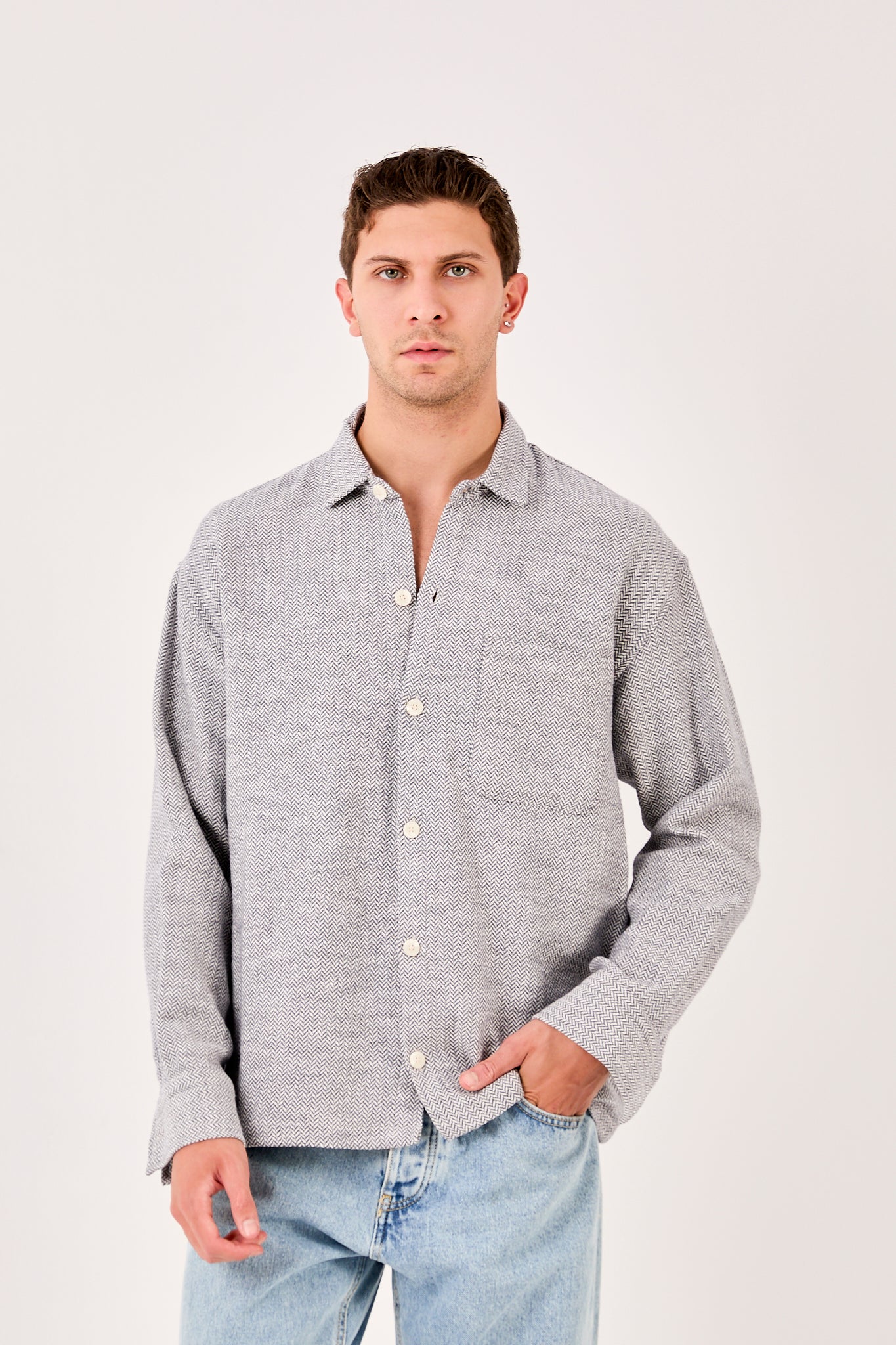 Men’s Long Sleeve Band Collar Shirt with Pocket X-0001