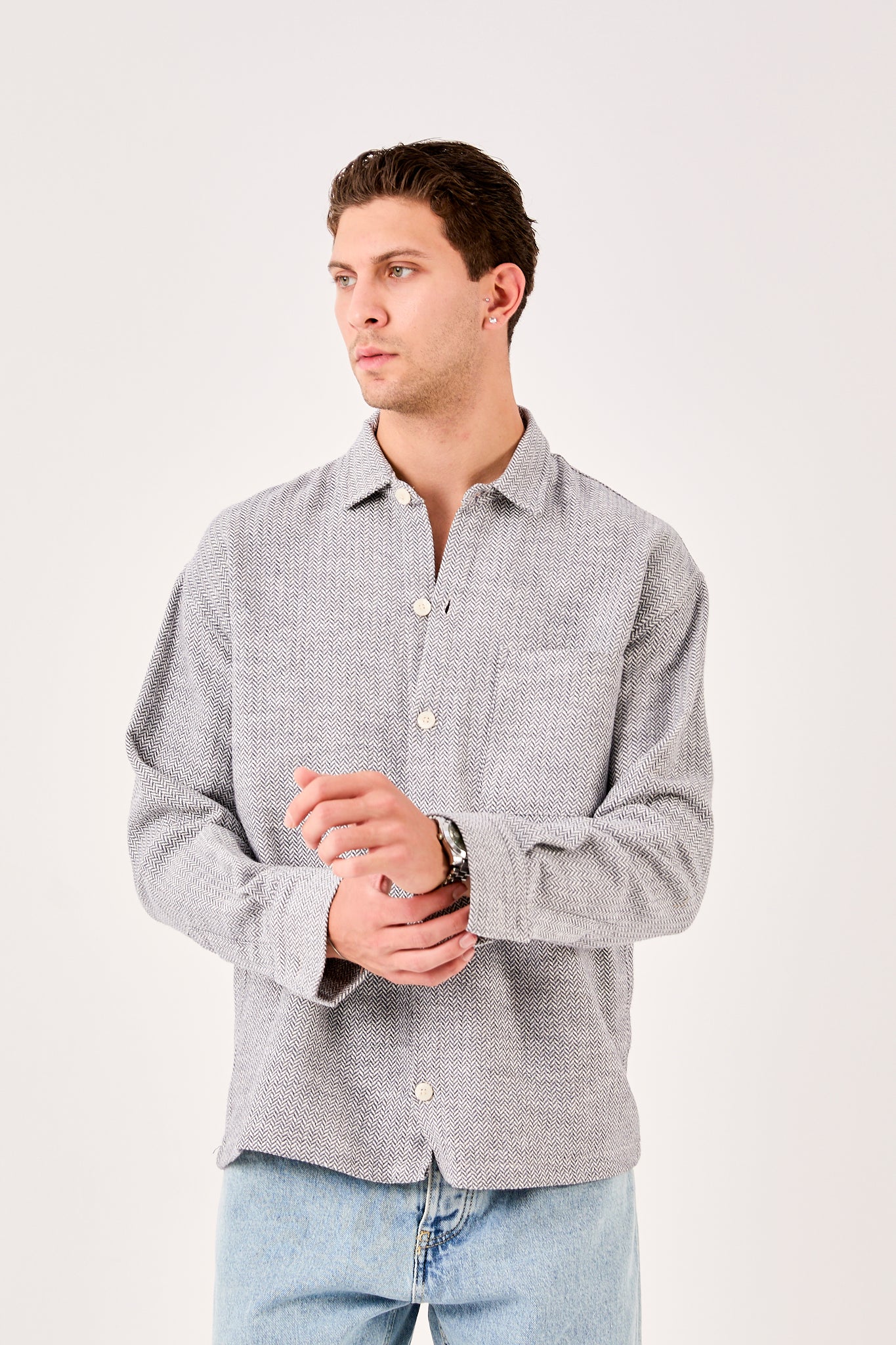 Men’s Long Sleeve Band Collar Shirt with Pocket X-0001