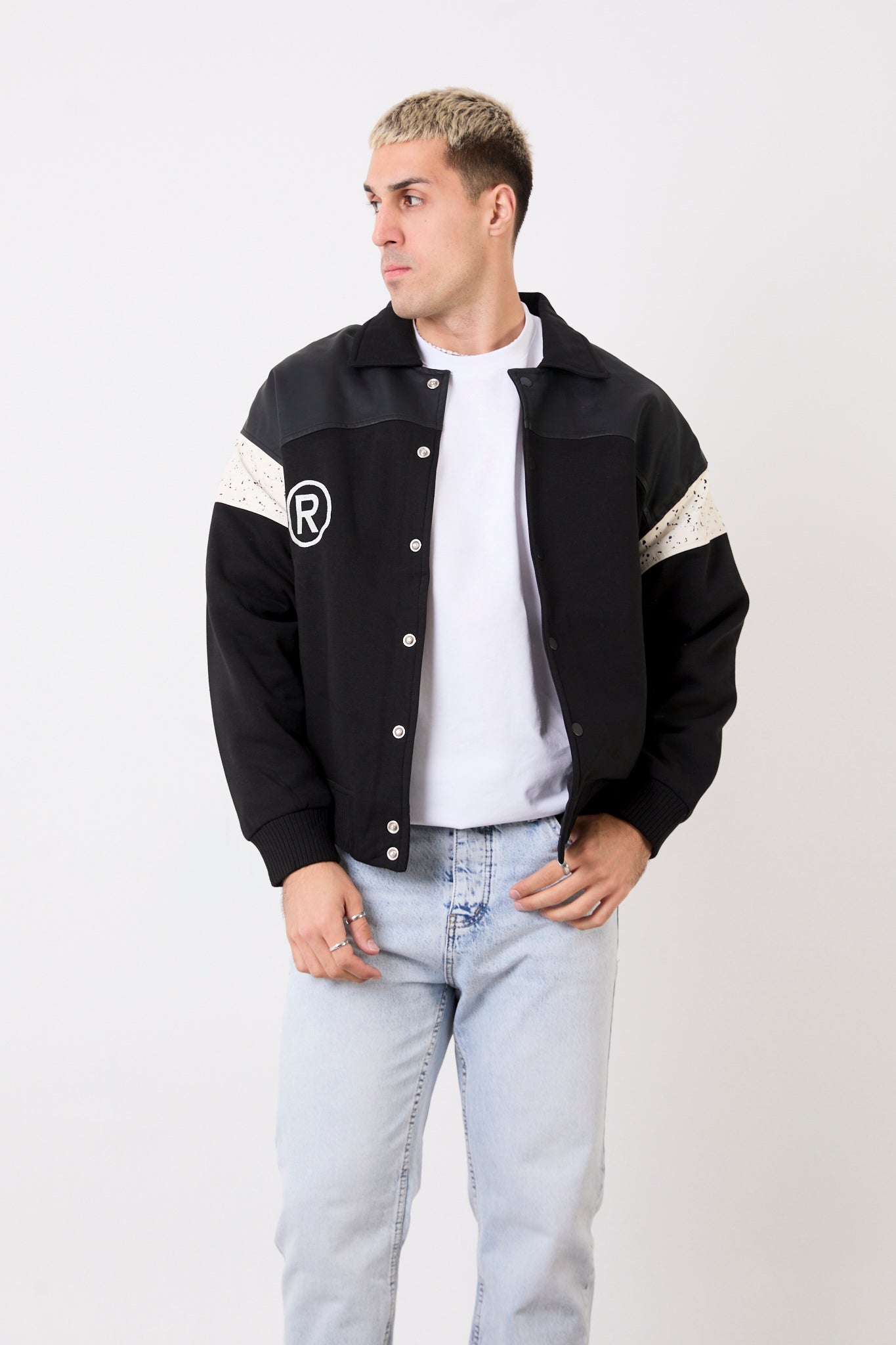 Men’s Varsity Jacket – Front & Back Embroidery, Faux Leather Trim-X-2005
