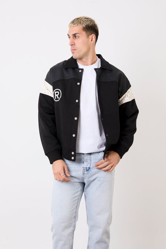 Men’s Varsity Jacket – Front & Back Embroidery, Faux Leather Trim-X-2005