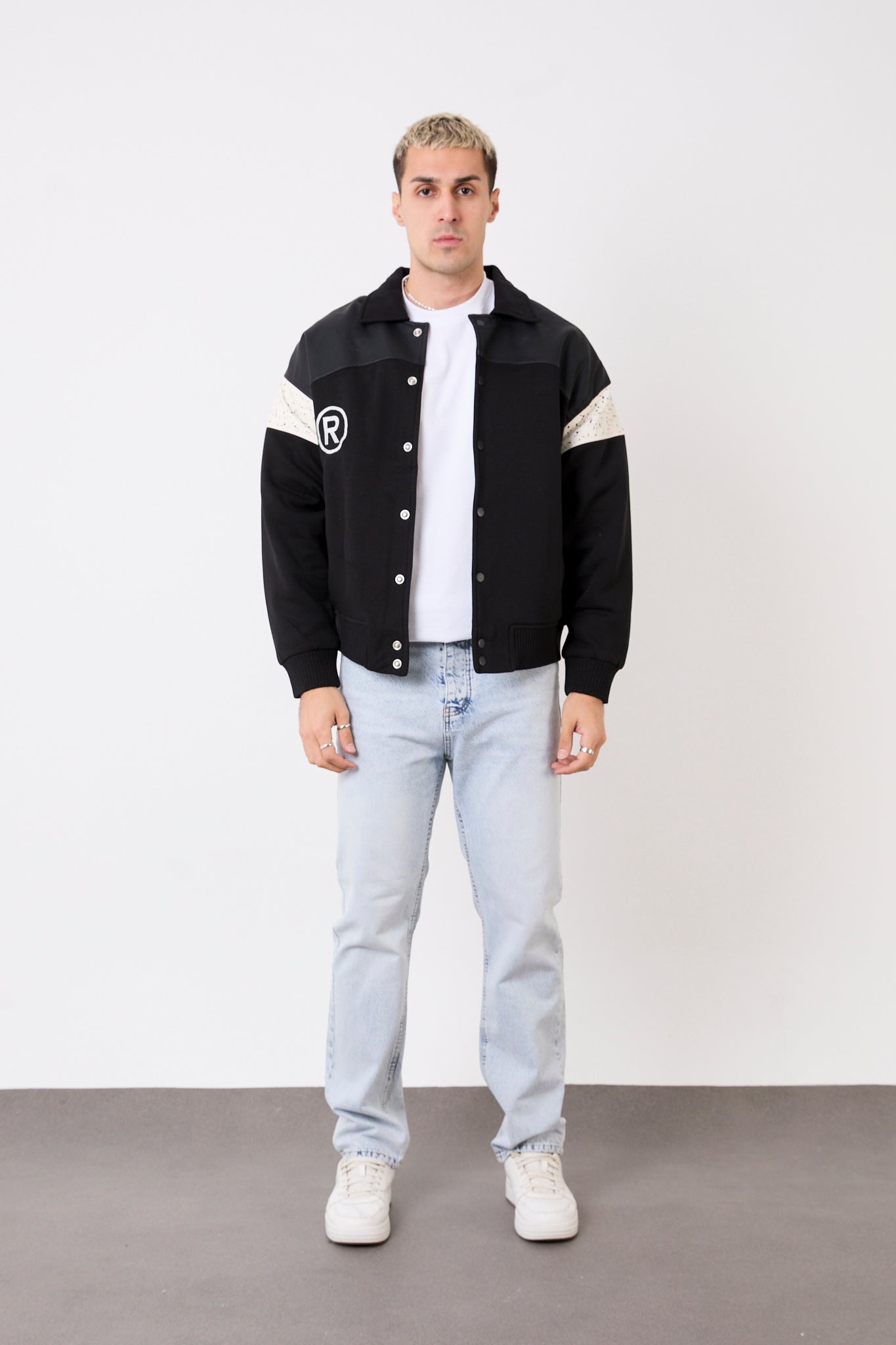 Men’s Varsity Jacket – Front & Back Embroidery, Faux Leather Trim-X-2005