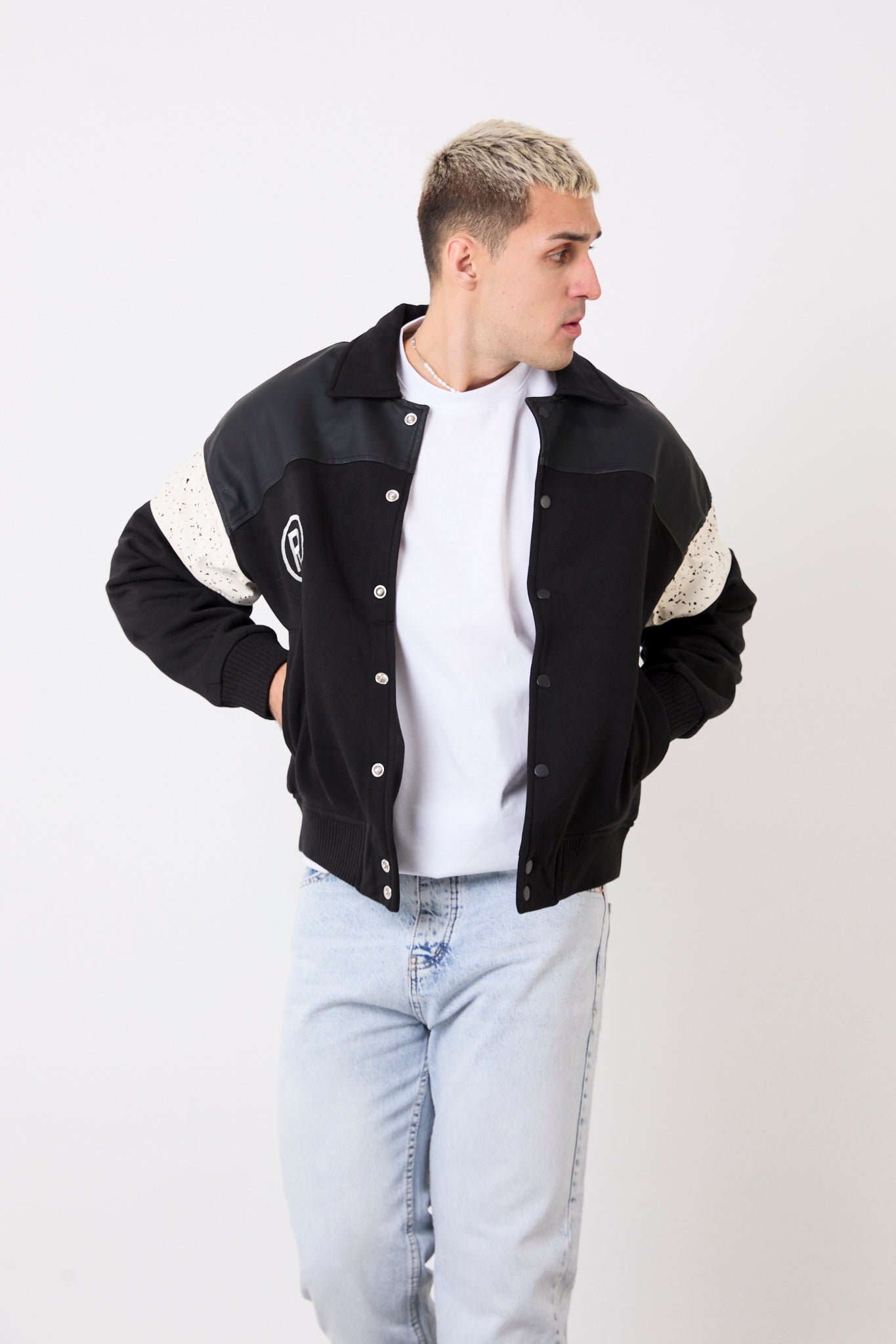 Men’s Varsity Jacket – Front & Back Embroidery, Faux Leather Trim-X-2005