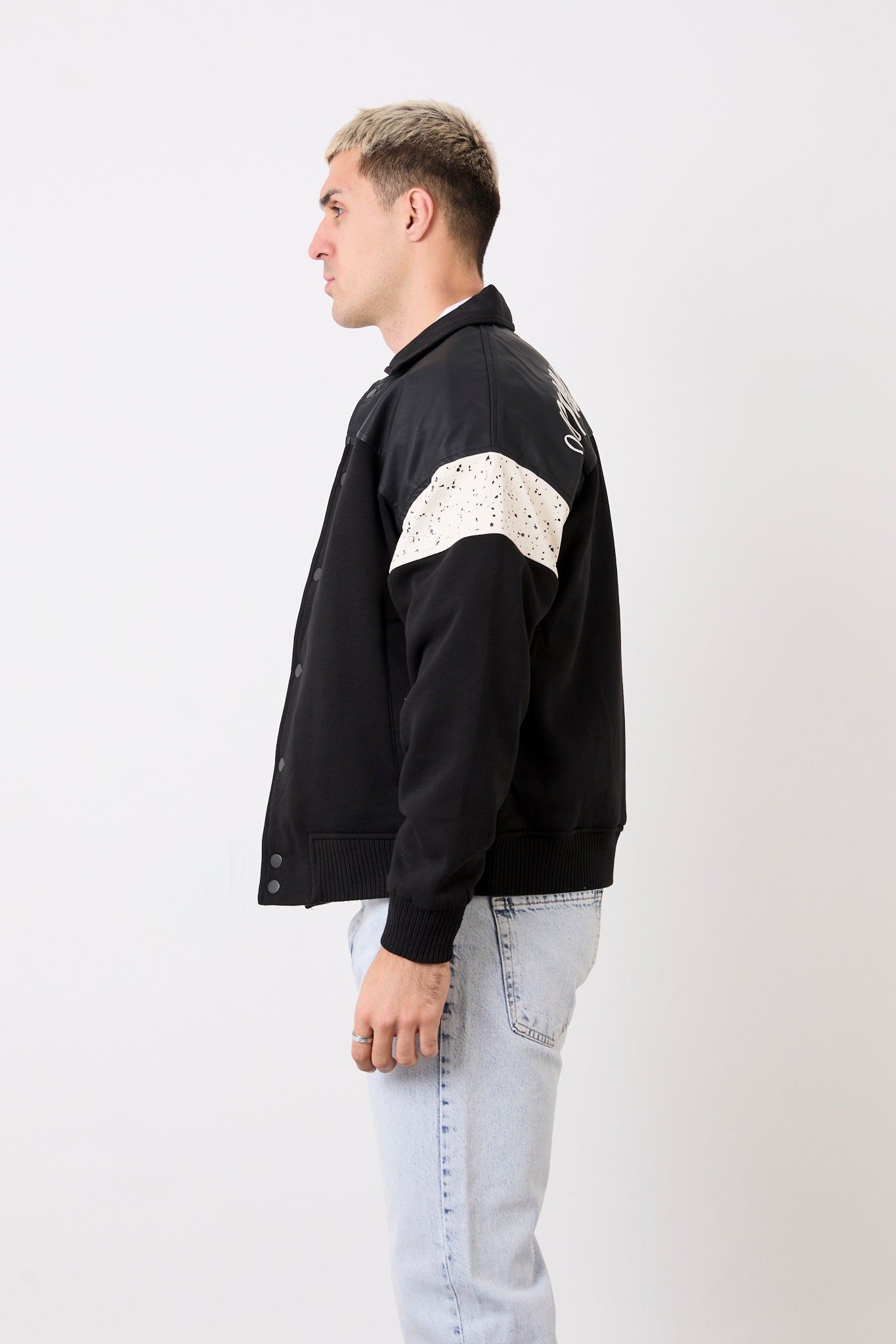 Men’s Varsity Jacket – Front & Back Embroidery, Faux Leather Trim-X-2005