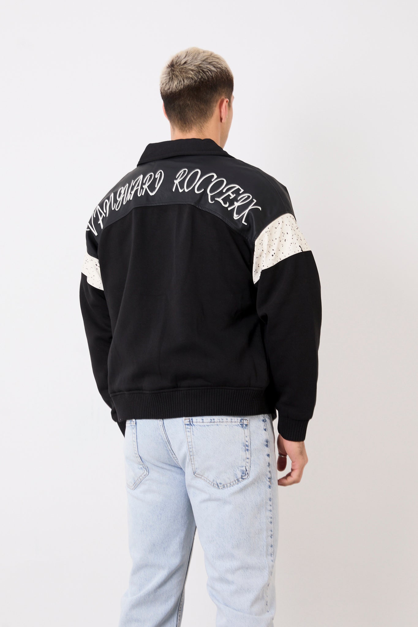 Men’s Varsity Jacket – Front & Back Embroidery, Faux Leather Trim-X-2005