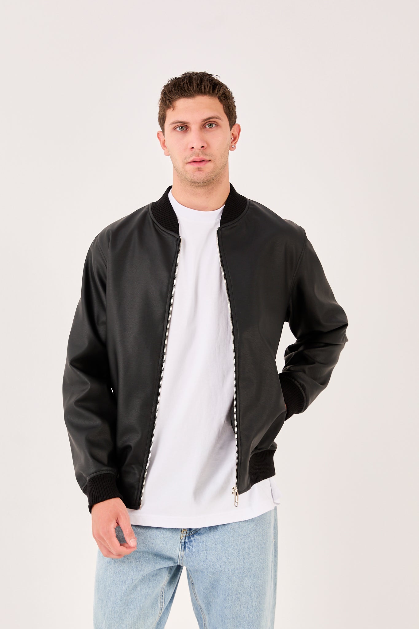 Men’s Faux Leather Quilted Jacket with Snap Button Closure-X-2012