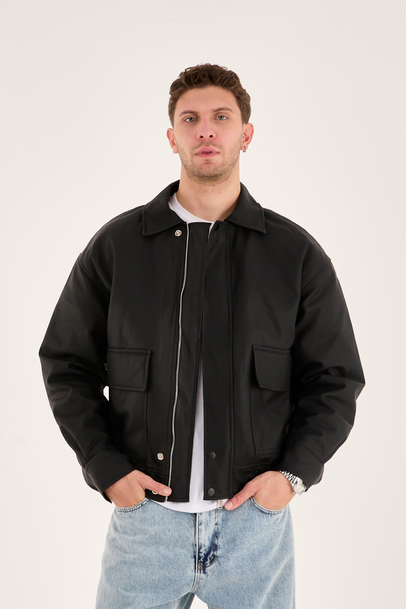 Men’s Faux Leather Bomber Jacket – Quilted Lined, Oversized Fit | X-2014
