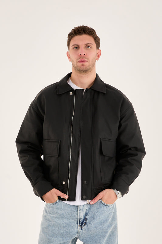 Men’s Faux Leather Bomber Jacket – Quilted Lined, Oversized Fit | X-2014