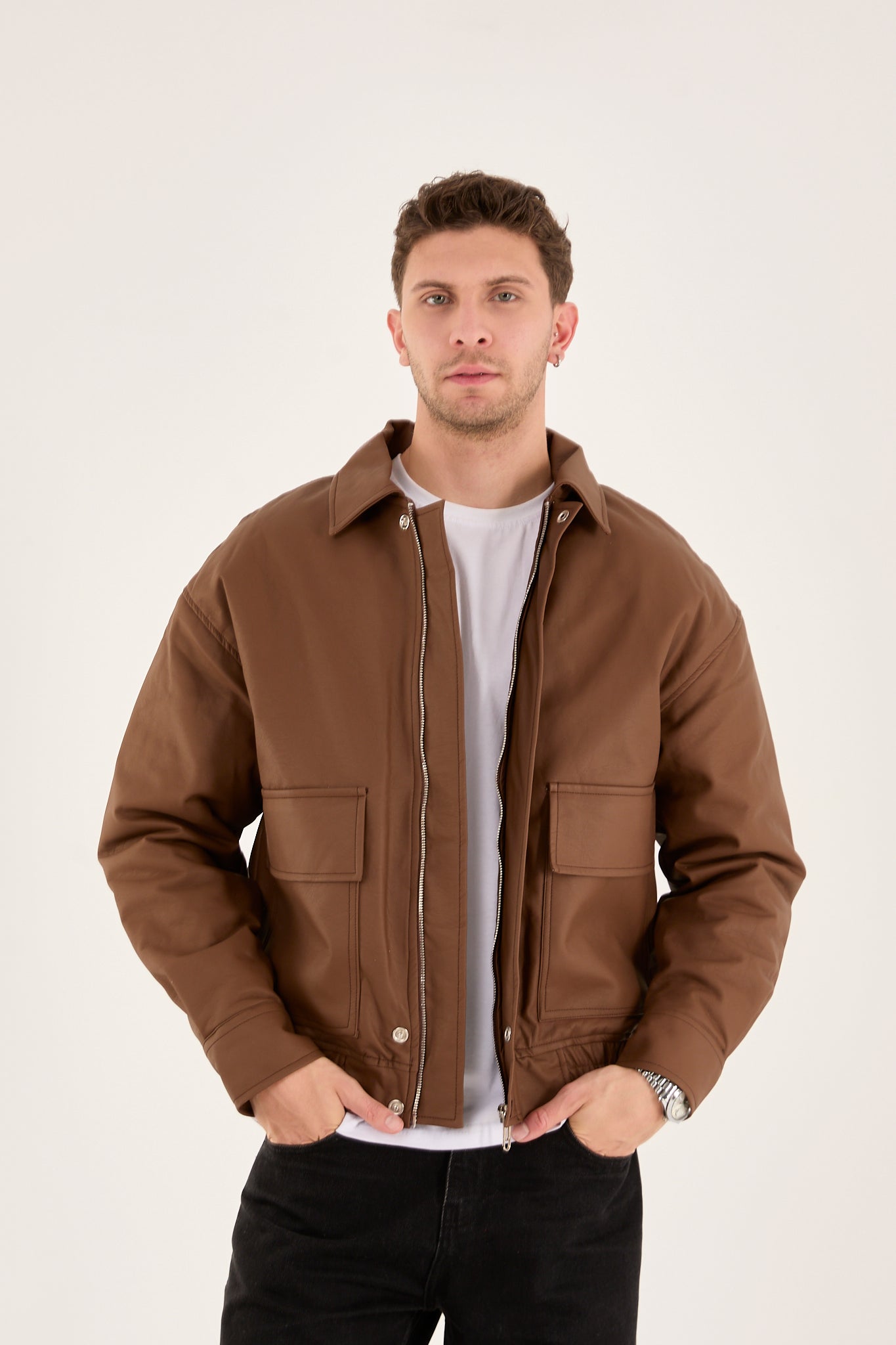 Men’s Faux Leather Bomber Jacket – Quilted Lined, Oversized Fit | X-2014