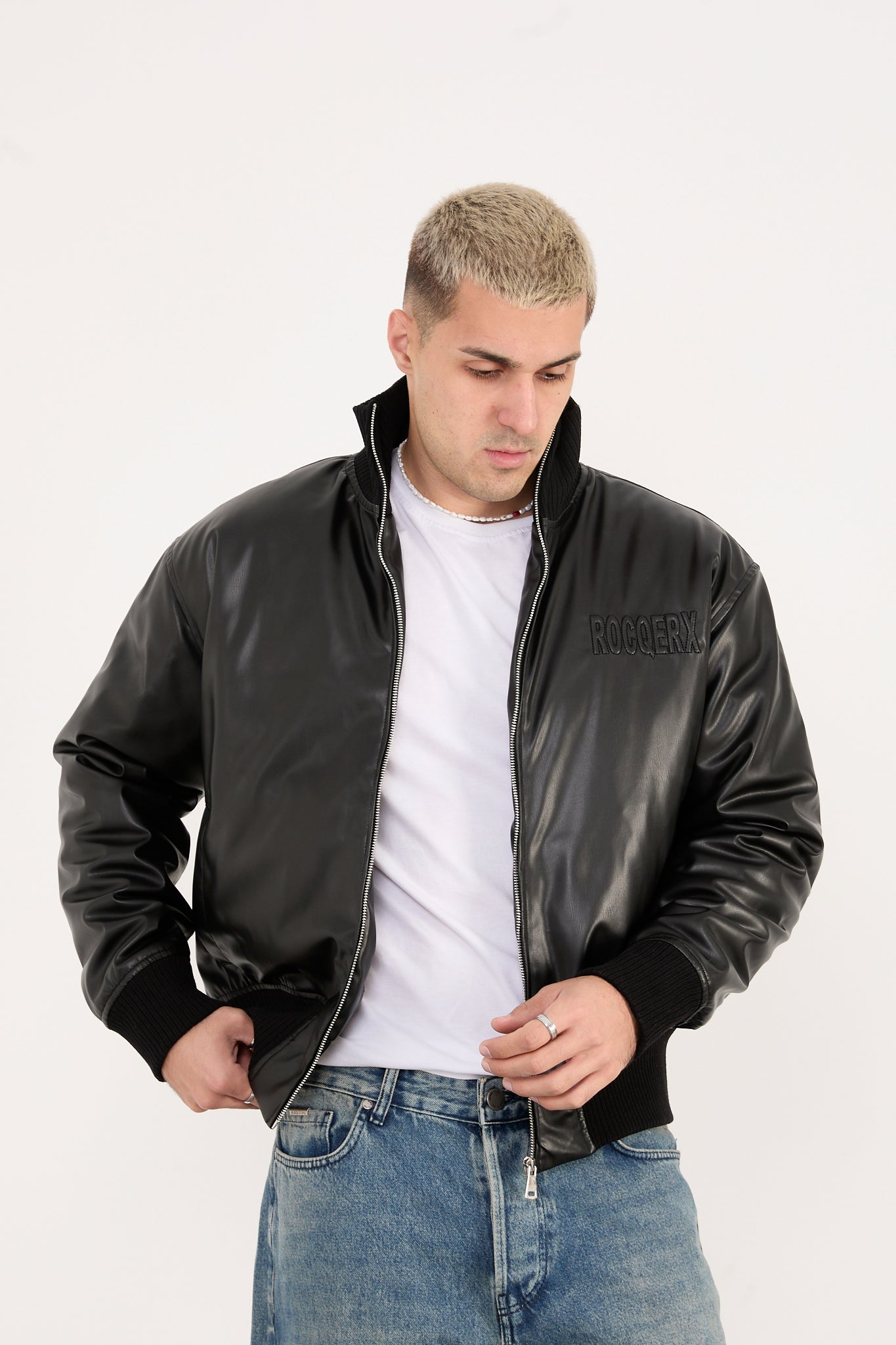 Men’s Faux Leather Bomber Jacket – Zip-Up Minimalist Streetwear – X-2040