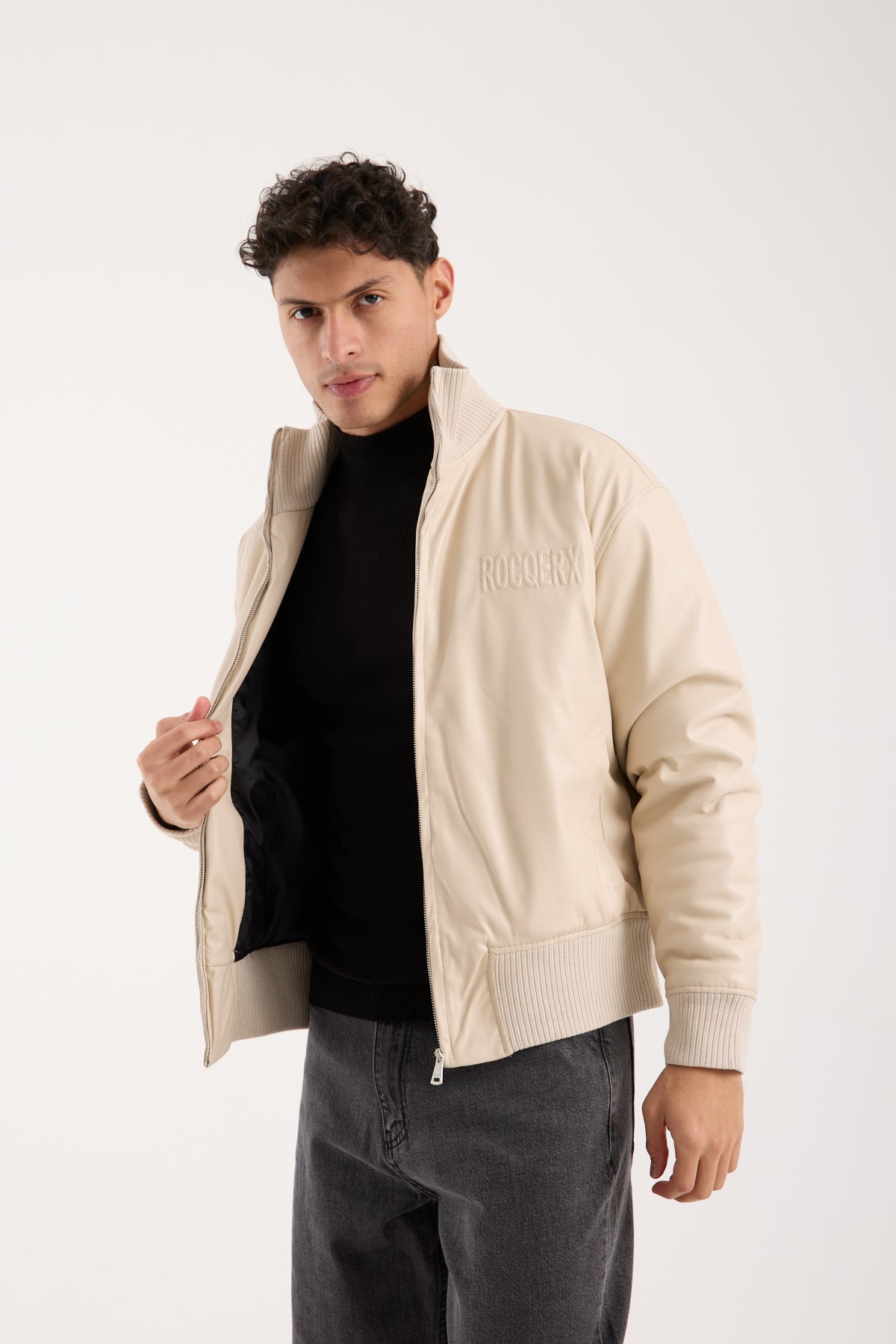 Men’s Faux Leather Bomber Jacket – Zip-Up Minimalist Streetwear – X-2040