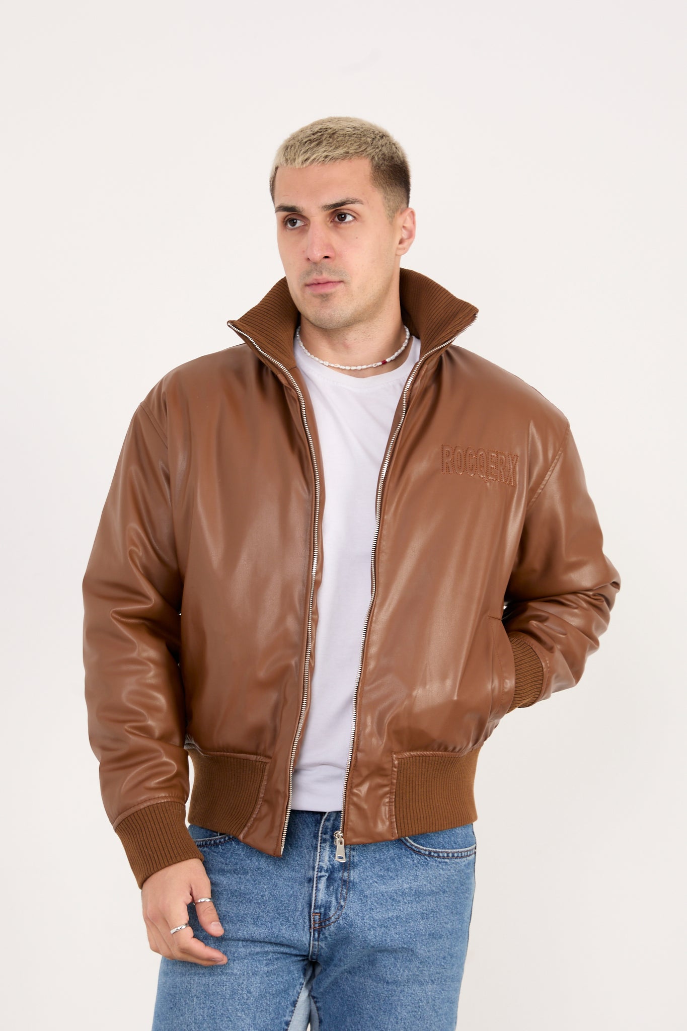 Men’s Faux Leather Bomber Jacket – Zip-Up Minimalist Streetwear – X-2040