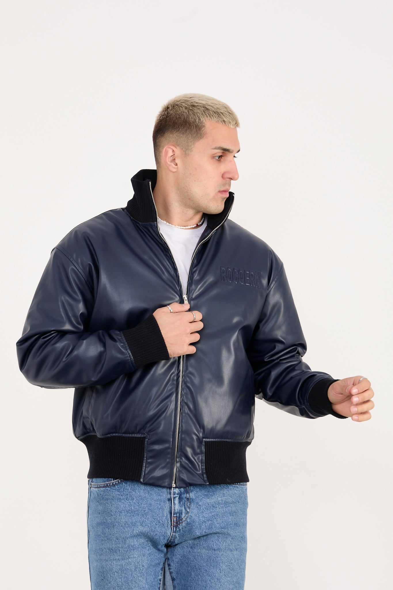 Men’s Faux Leather Bomber Jacket – Zip-Up Minimalist Streetwear – X-2040