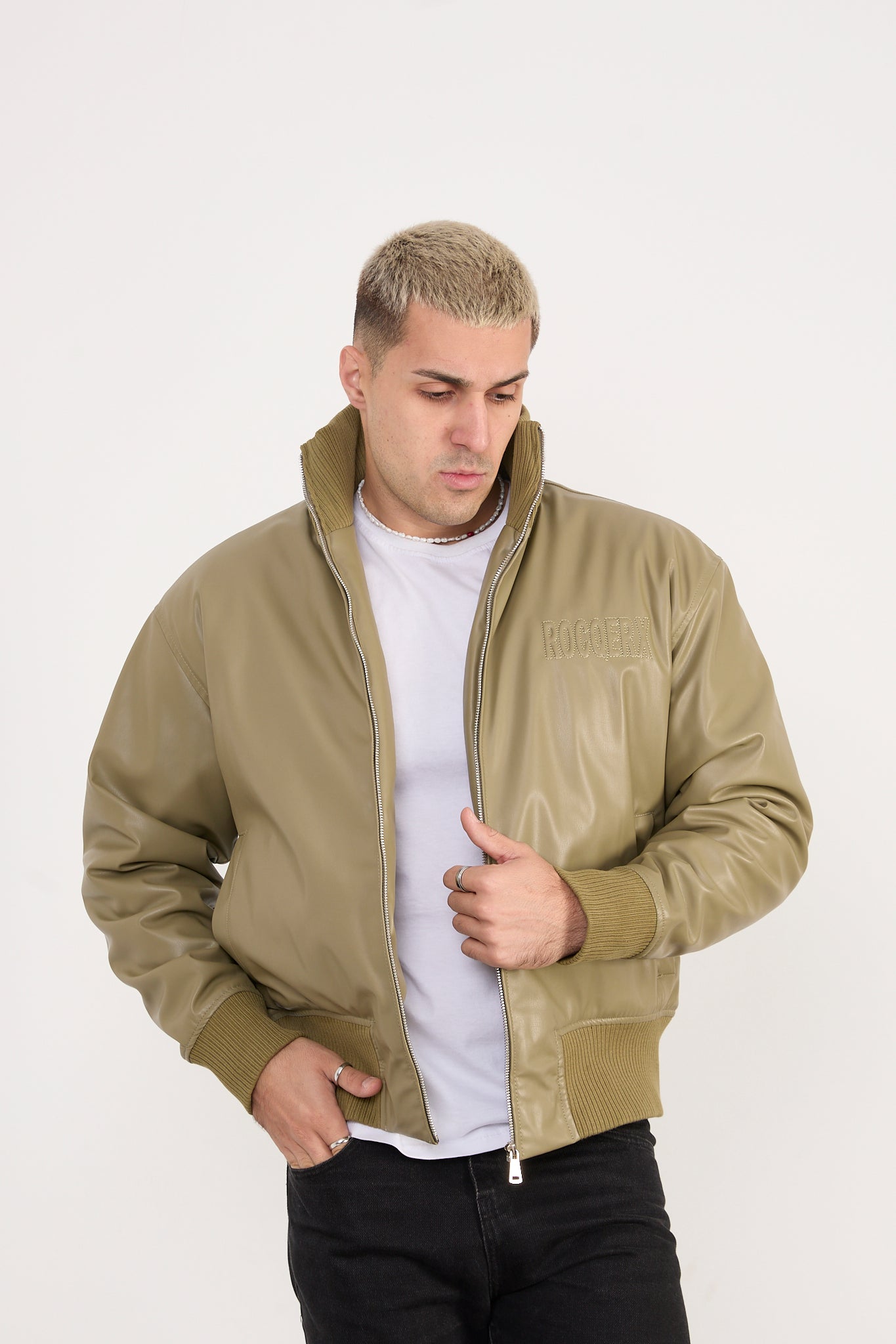 Men’s Faux Leather Bomber Jacket – Zip-Up Minimalist Streetwear – X-2040